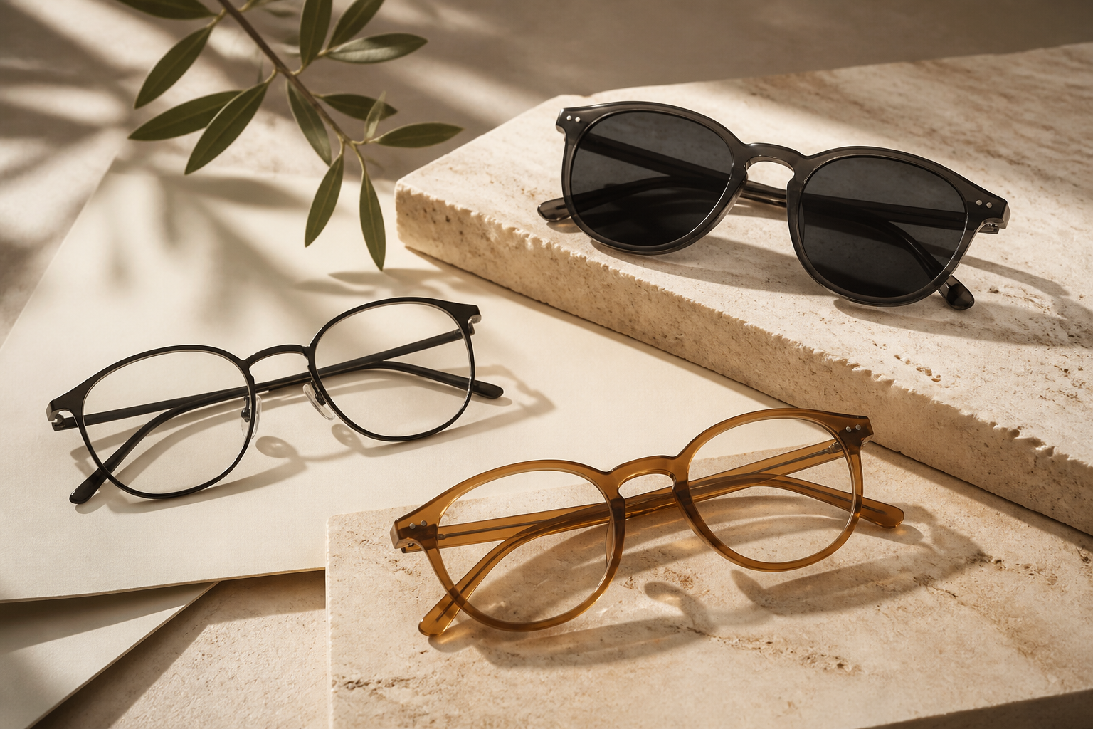 Collection of optical glasses and sunglasses arranged on warm stone